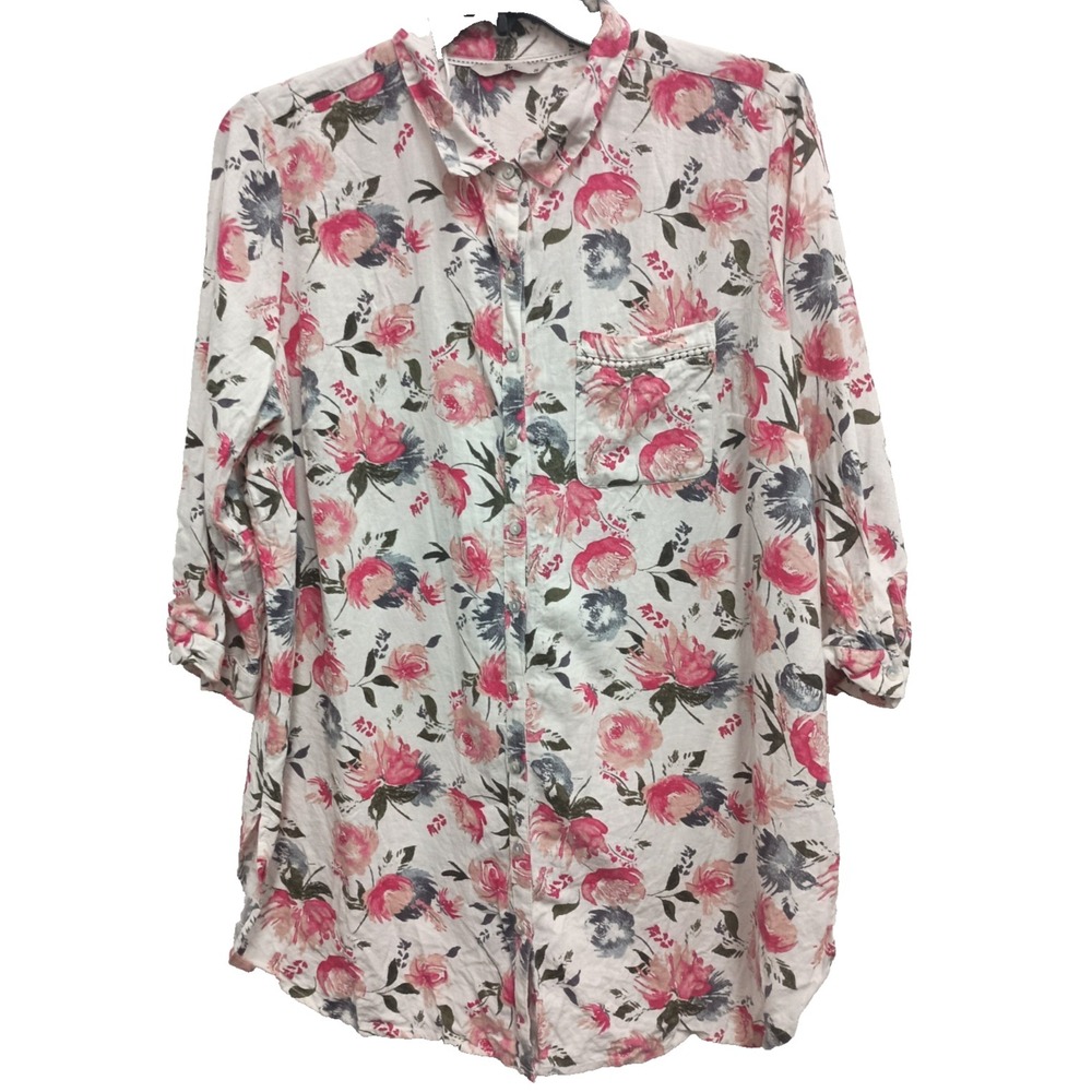 TU Coastal Lagenlook Tunic Top Womens Sz 20 Floral Linen Blend 3/4 Sleeve Casual